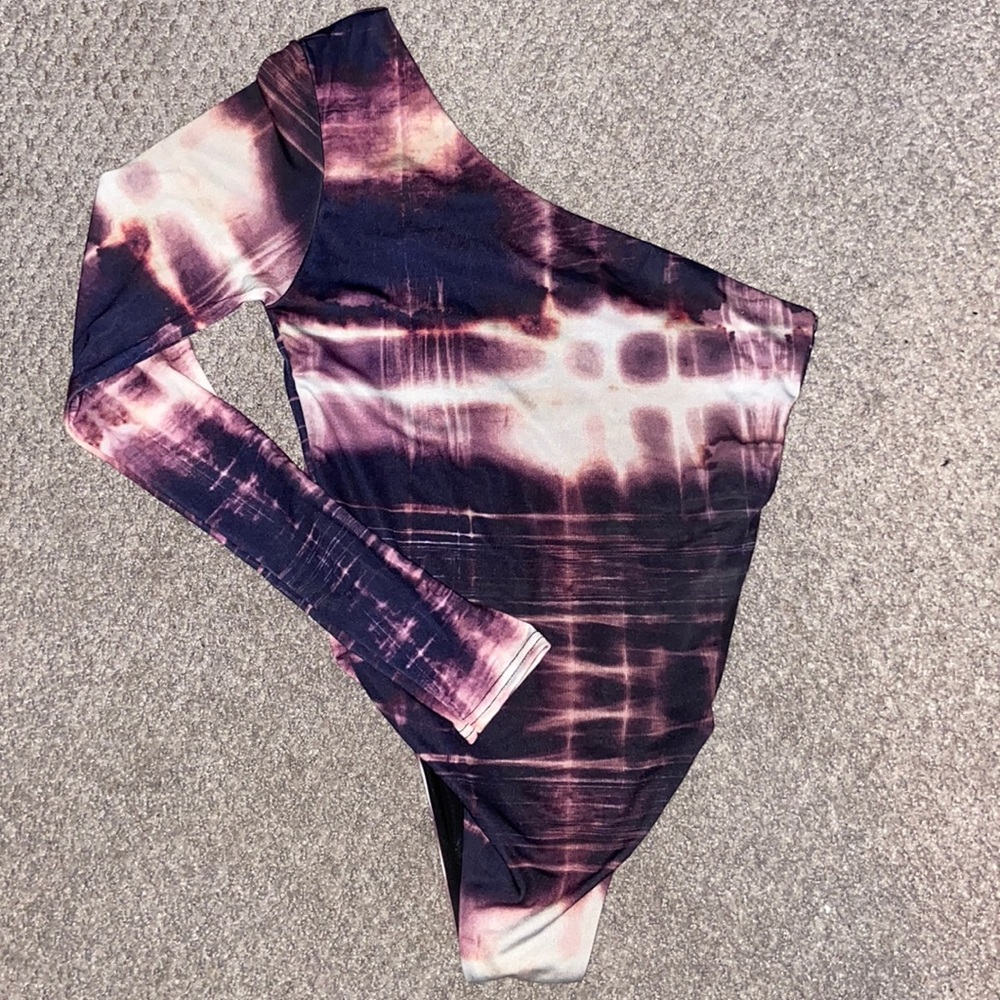 PLT Purple Tie-Die one sleeve body suit.